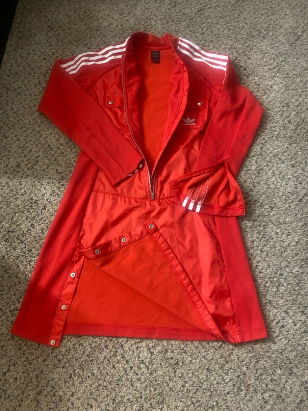 Vintage 2005 Adidas Red Women's Zip-Front Bomber Jacket Dress with White Stripes - Picture 5 of 7